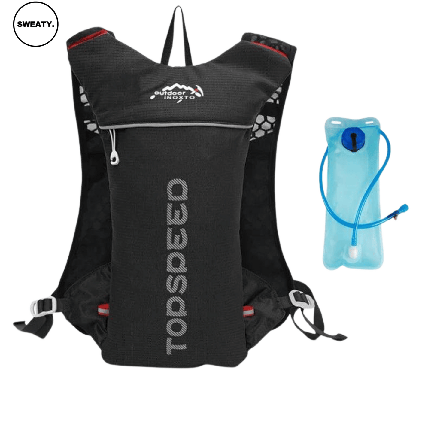 Black ultra-lightweight hydration vest by SWEATY with a water bladder. Perfect for long-distance running, hiking, and endurance sports. The breathable mesh and adjustable straps provide comfort, while the water bladder ensures easy hydration.