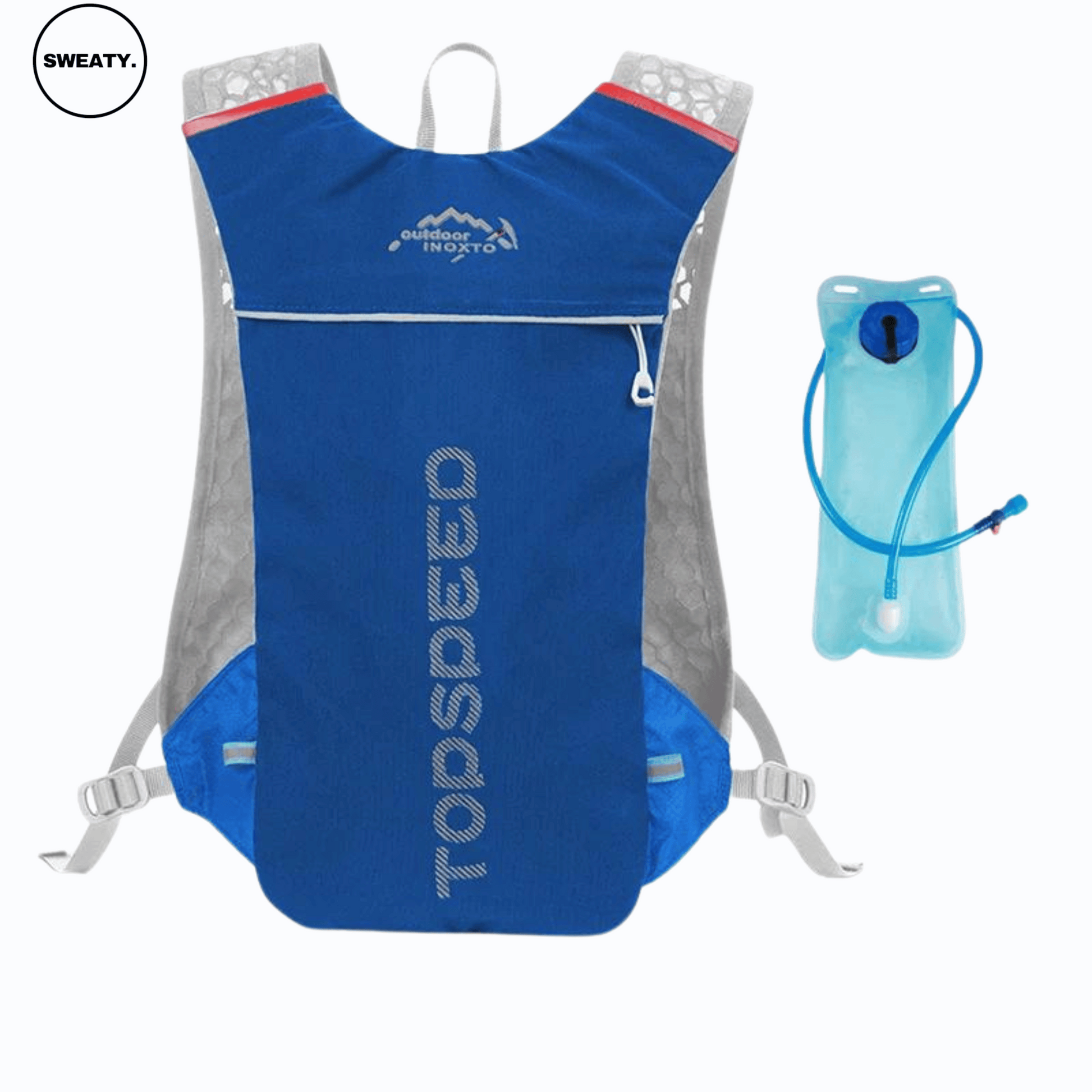 Blue ultra-lightweight hydration vest by SWEATY with a water bladder. Features breathable mesh and adjustable straps, ideal for running, hiking, and endurance sports. Includes a compact water bladder for hydration during activities.