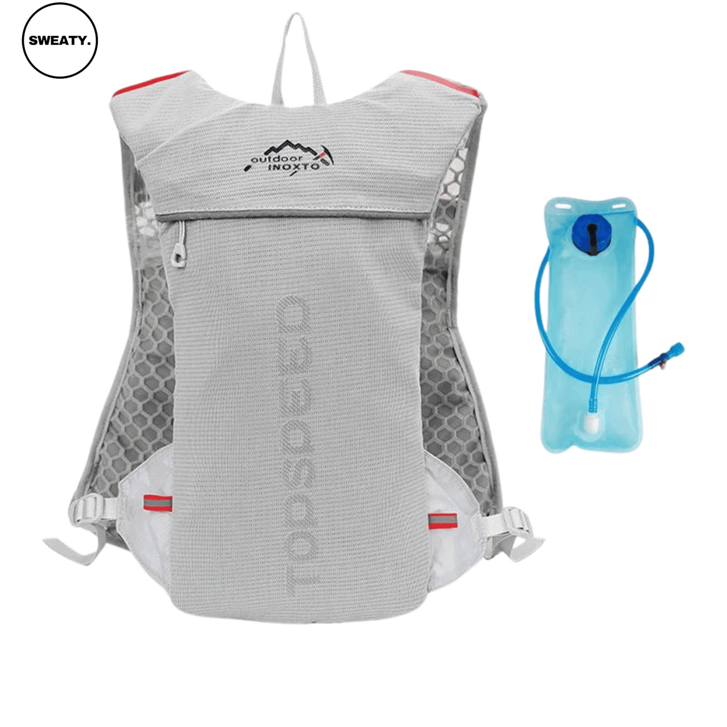 Grey ultra-lightweight hydration vest by SWEATY with a water bladder. Designed with breathable mesh and adjustable straps, perfect for running, hiking, and outdoor sports. The included hydration bladder provides convenient water access.