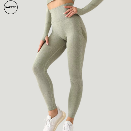 Front view of Army Green seamless high-waist leggings by SWEATY - Women's breathable, stretchable, and moisture-wicking activewear, perfect for yoga, fitness, and gym routines.