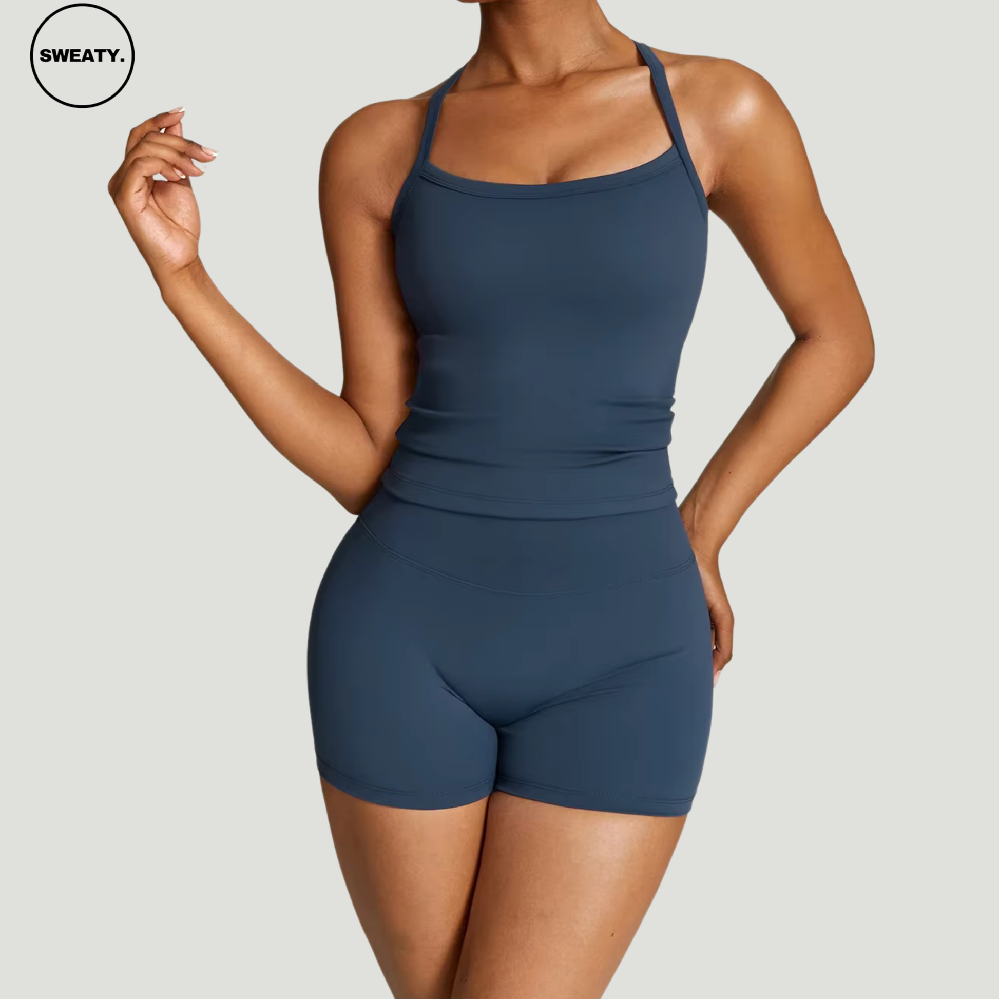 Badge blue seamless yoga set by SWEATY - Women's side view showcasing a flexible and breathable design, ideal for yoga, fitness, and activewear. SWEATY activewear crafted with moisture-wicking fabric for superior comfort and performance.