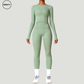 Basil green seamless yoga set with long sleeves by SWEATY - Women's full-body front view showing a sleek, flexible fit designed for yoga and fitness activities. Lightweight and moisture-wicking SWEATY activewear for superior comfort and performance.