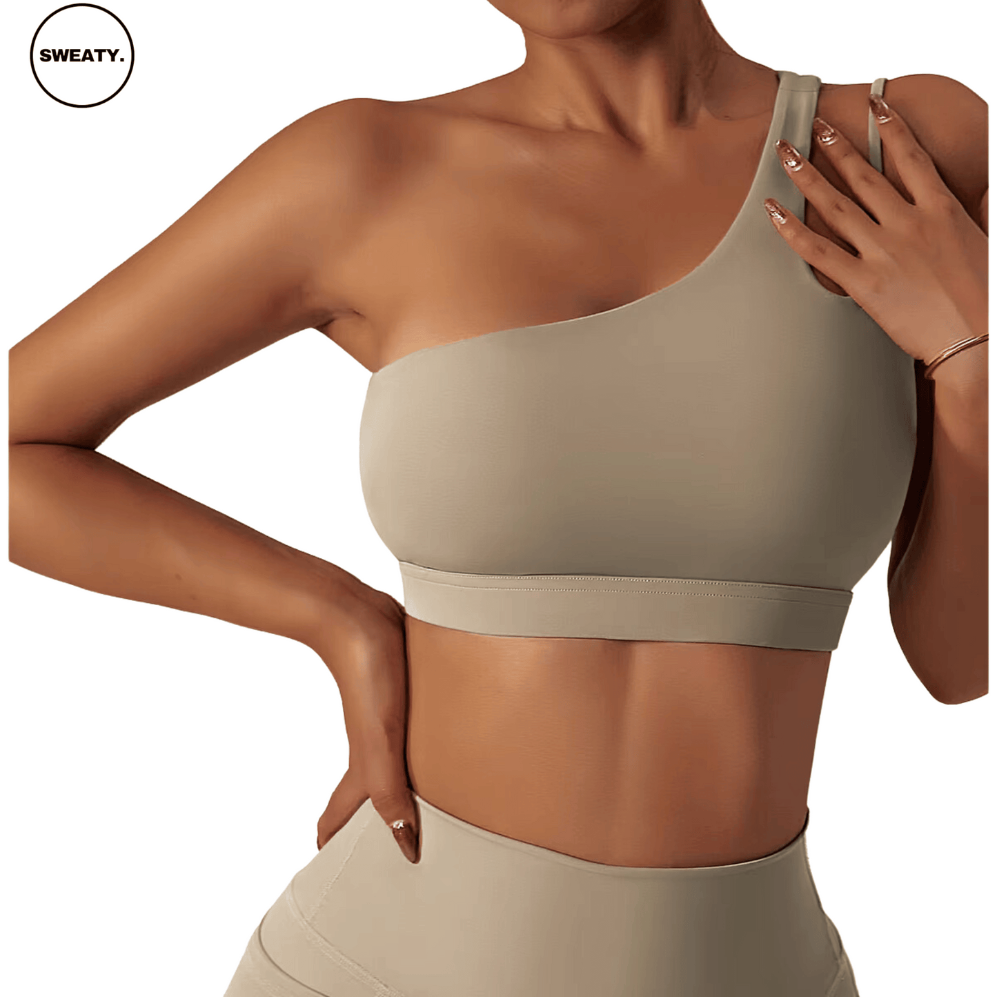 Front view of a beige Asymmetrical Double Strap Sports Bra by SWEATY, featuring a sleek one-shoulder design with a supportive band, providing style and comfort for intense workout sessions.