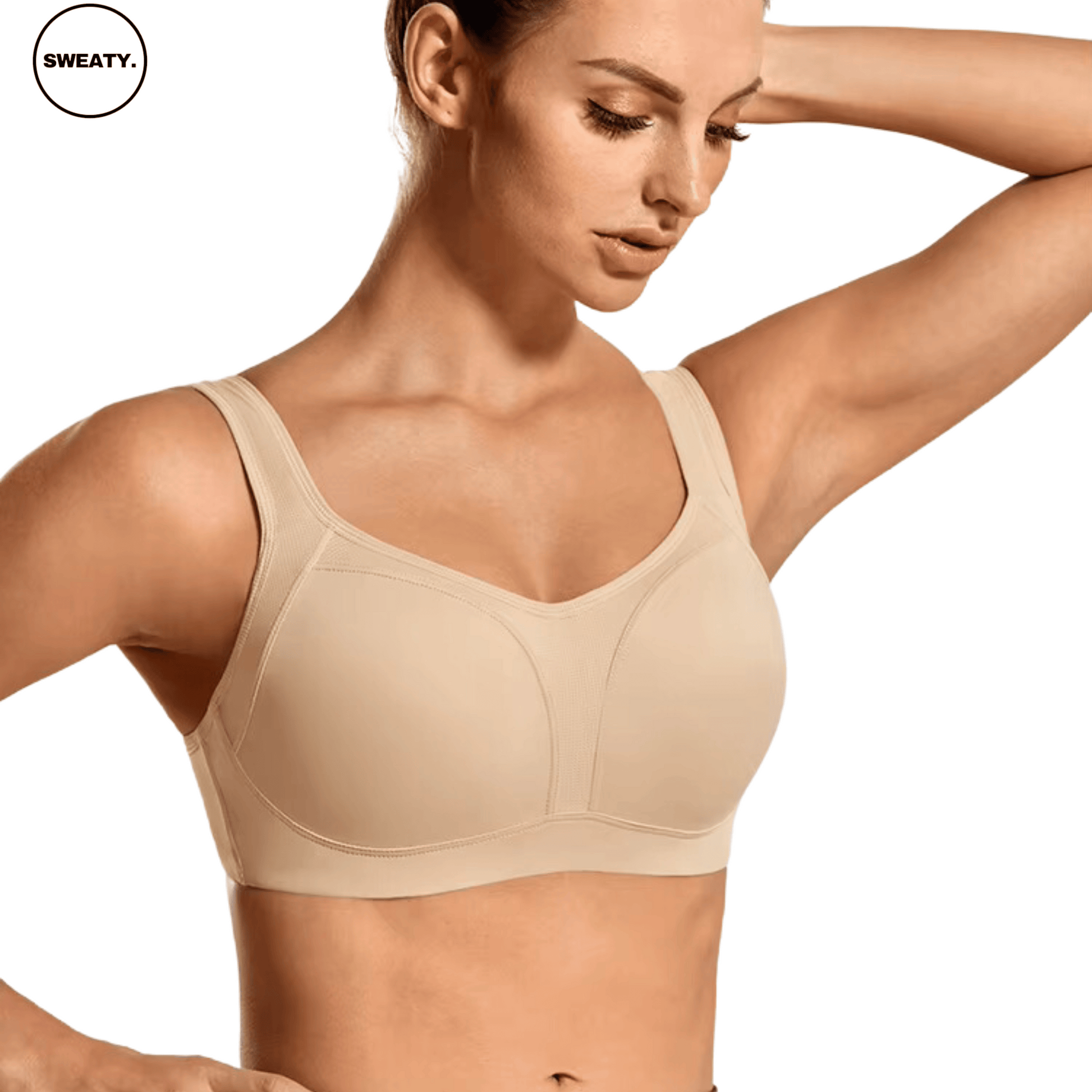 Angled view of the Beige Supportive Sports Bra by SWEATY, designed for high-impact activities with breathable fabric and wide, comfortable straps for maximum support.