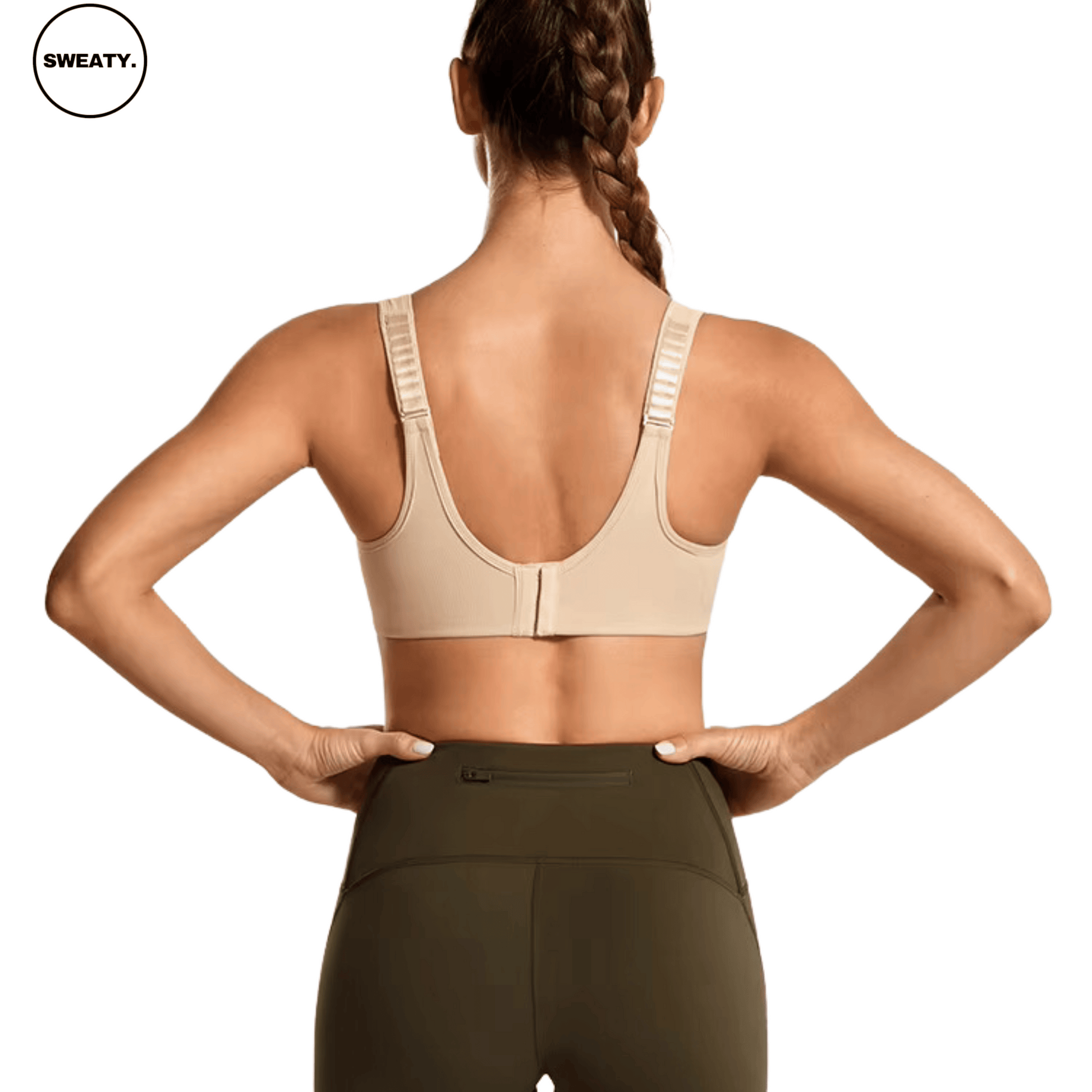 Back view of the Beige Supportive Sports Bra by SWEATY, showcasing adjustable straps and hook-and-eye closure for a customizable fit during high-impact activities.