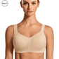 Front view of the Beige Supportive Sports Bra by SWEATY, featuring full coverage cups and reinforced straps for maximum support during high-impact activities.