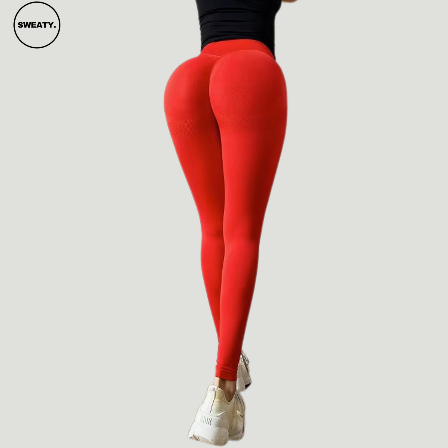 Full-length back view of Big Red seamless high-waist leggings by SWEATY, showcasing a sleek and body-hugging fit for a confident, athletic look.