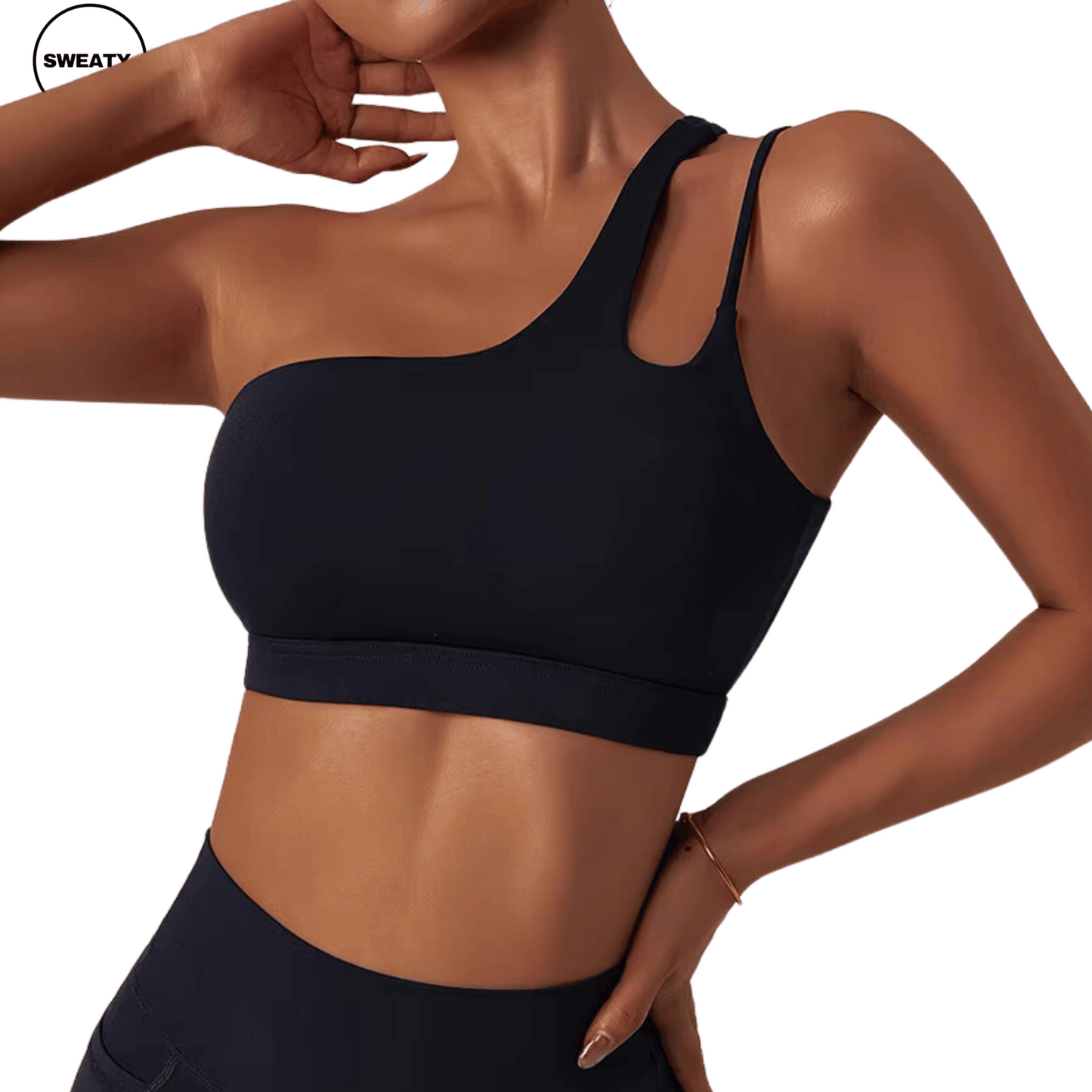 Front view of a black Asymmetrical Double Strap Sports Bra by SWEATY, featuring a sleek one-shoulder design with a cut-out detail, providing style and support for high-performance workouts.