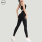 Black-Cross-Yoga-Suit-Side-View-by-SWEATY - Women's bold and vibrant Black Yoga Suit, featuring an elegant cross-back design for enhanced support and style during fitness activities. Perfect for those looking to stand out in the gym with both color and performance.