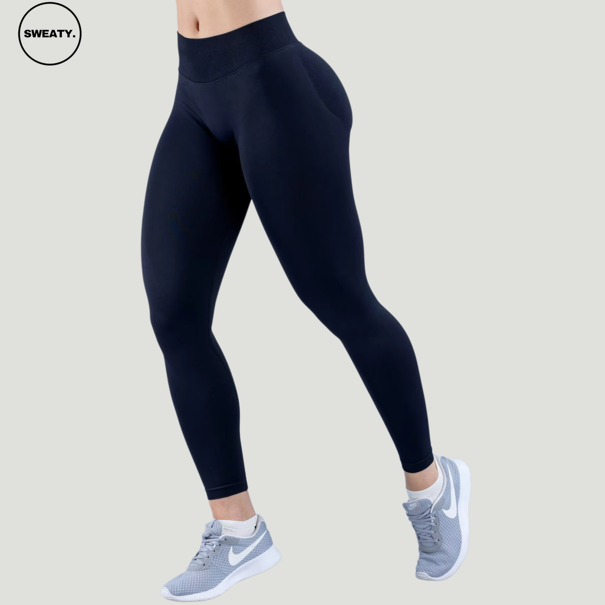 SWEATY Black High Waist Scrunch Butt Yoga Leggings, front angle view showcasing the high waistband and sleek design for a smooth, sculpting fit.