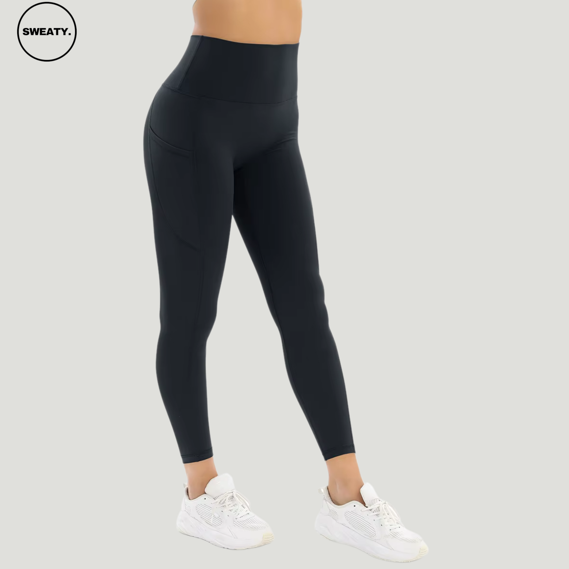 Black Naked Feel Tummy Control Yoga Pants by SWEATY, side view showcasing the sleek, minimalist design with high-waisted fit, body-hugging stretch, and breathable fabric. Ideal for yoga, workouts, and casual wear, providing comfort and style.