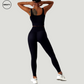 Black seamless tracksuit set by SWEATY - Women's high-waisted leggings and crop top designed for optimal comfort during yoga and fitness activities. Featuring moisture-wicking and breathable fabric.