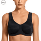 Black Sports Bra by SWEATY - Women's supportive, moisture-wicking, and breathable sports bra shown from the front angle. Designed for high-impact activities, this SWEATY activewear provides maximum comfort and support during workouts.