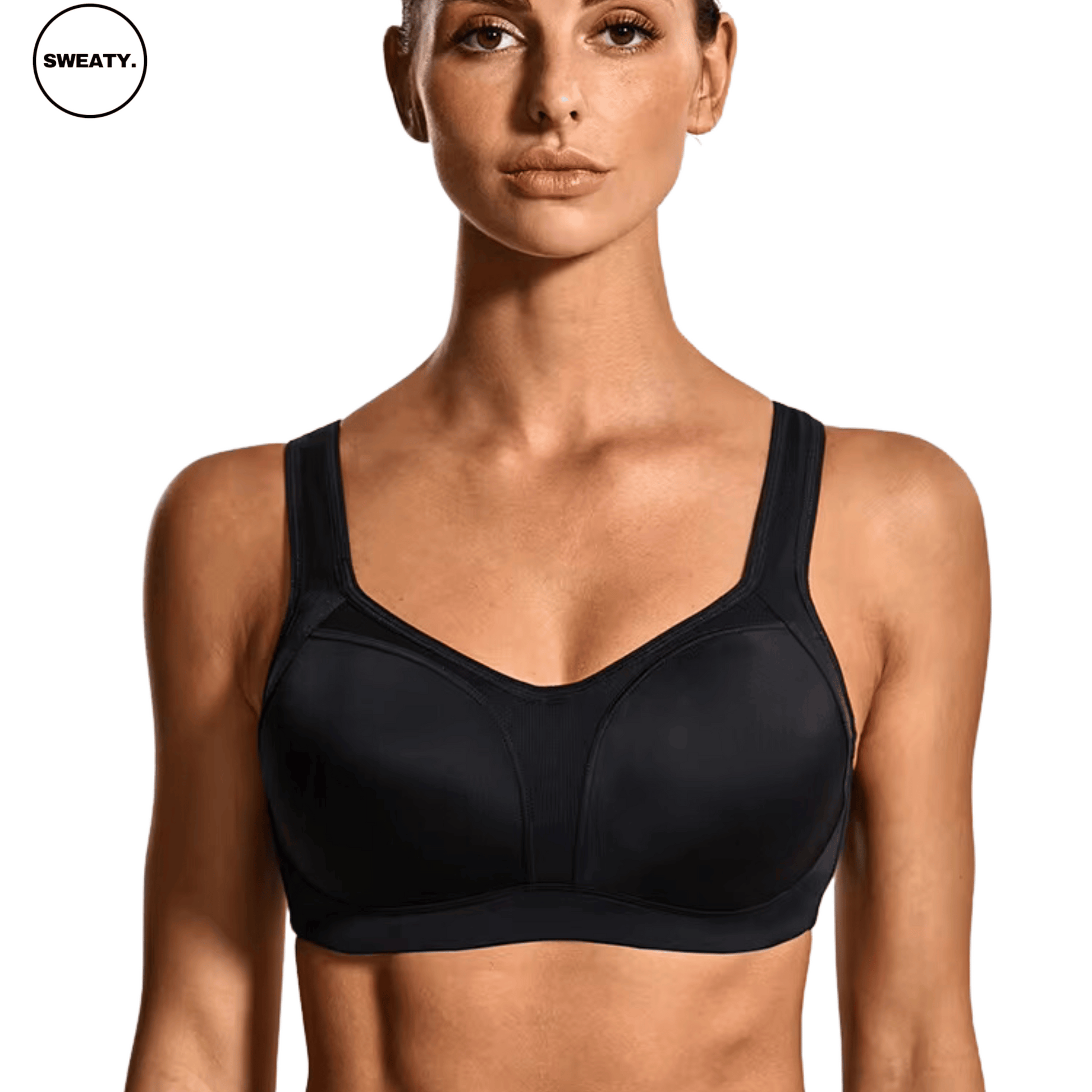 Front view of Black Supportive Sports Bra by SWEATY, featuring reinforced cups and wide straps for enhanced support during intense workouts.