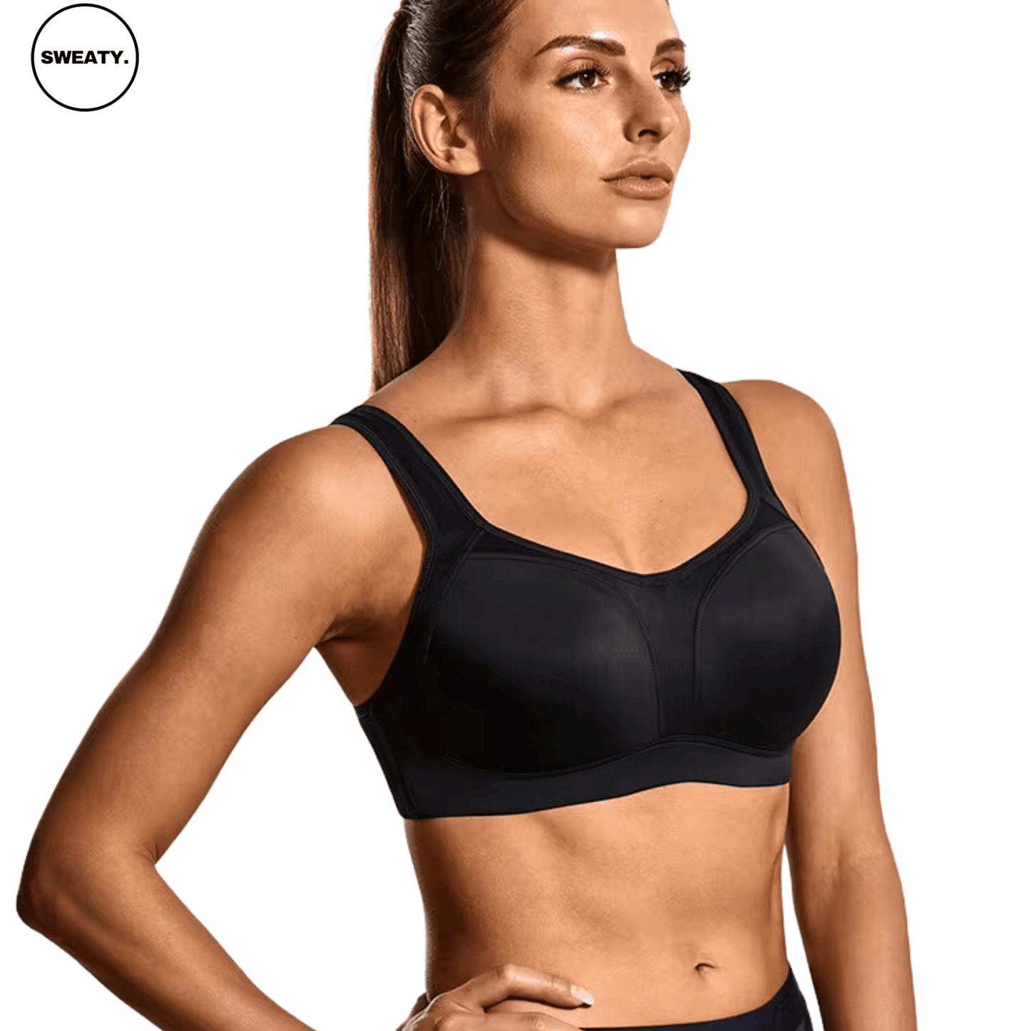 Side view of Black Supportive Sports Bra by SWEATY, showing contoured cups and adjustable straps for optimal support and comfort during workouts.