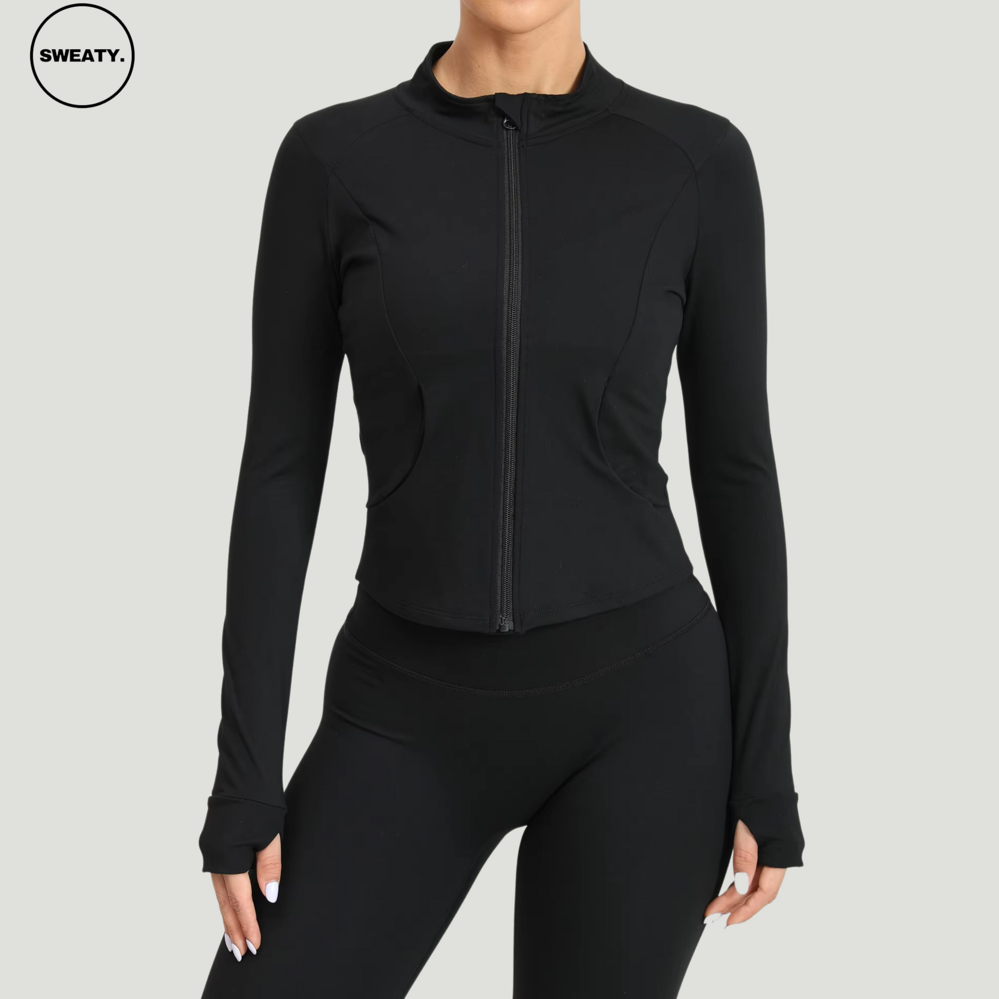 Black Three Piece Workout Set by SWEATY - Action front view of women's activewear featuring a stylish zip-up jacket and leggings. Designed with breathable, quick-dry fabric for running, yoga, and gym workouts.