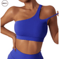 Side view of a blue Asymmetrical Double Strap Sports Bra by SWEATY, highlighting the unique shoulder strap design and supportive fit for an elegant and functional look.