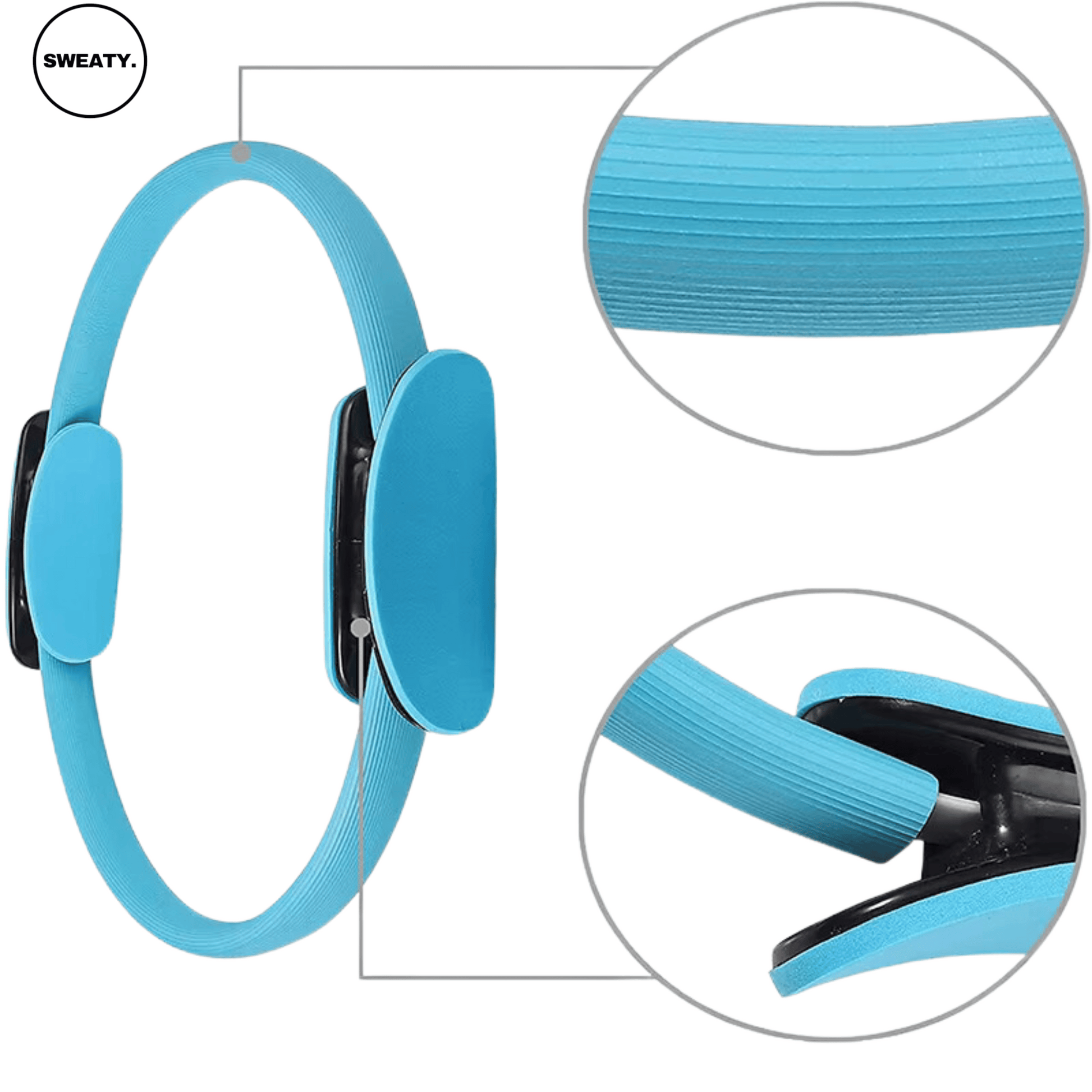 Detailed view of the blue exercise ring by SWEATY, highlighting the soft foam padding and durable build. Perfect for Pilates, toning, and resistance exercises.