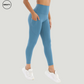 Blue Naked Feel Tummy Control Yoga Pants by SWEATY - Side view showcasing high-waisted, stretchable, and supportive fabric with a pocket. Ideal for yoga, gym sessions, and everyday activities. Moisture-wicking and breathable material for enhanced comfort and durability.