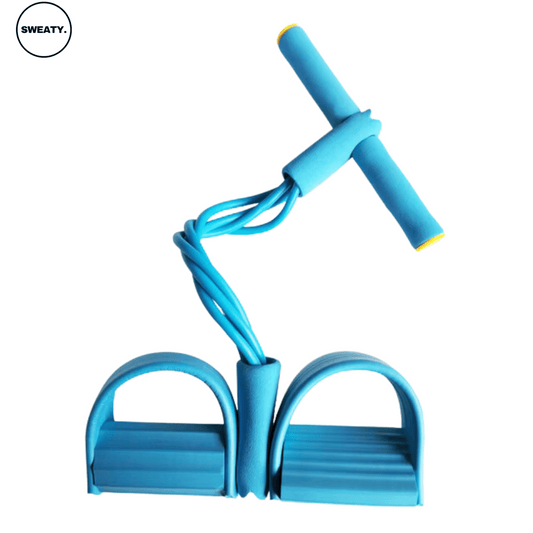 Blue resistance band by SWEATY, shown from a top view, perfect for strength training and resistance exercises.