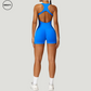 Blue seamless gym shortie jumpsuit by SWEATY - Women's full-body view showcasing a vibrant, figure-hugging design. This jumpsuit is perfect for gym workouts, offering a seamless, breathable, and flexible fit for optimal performance and style.