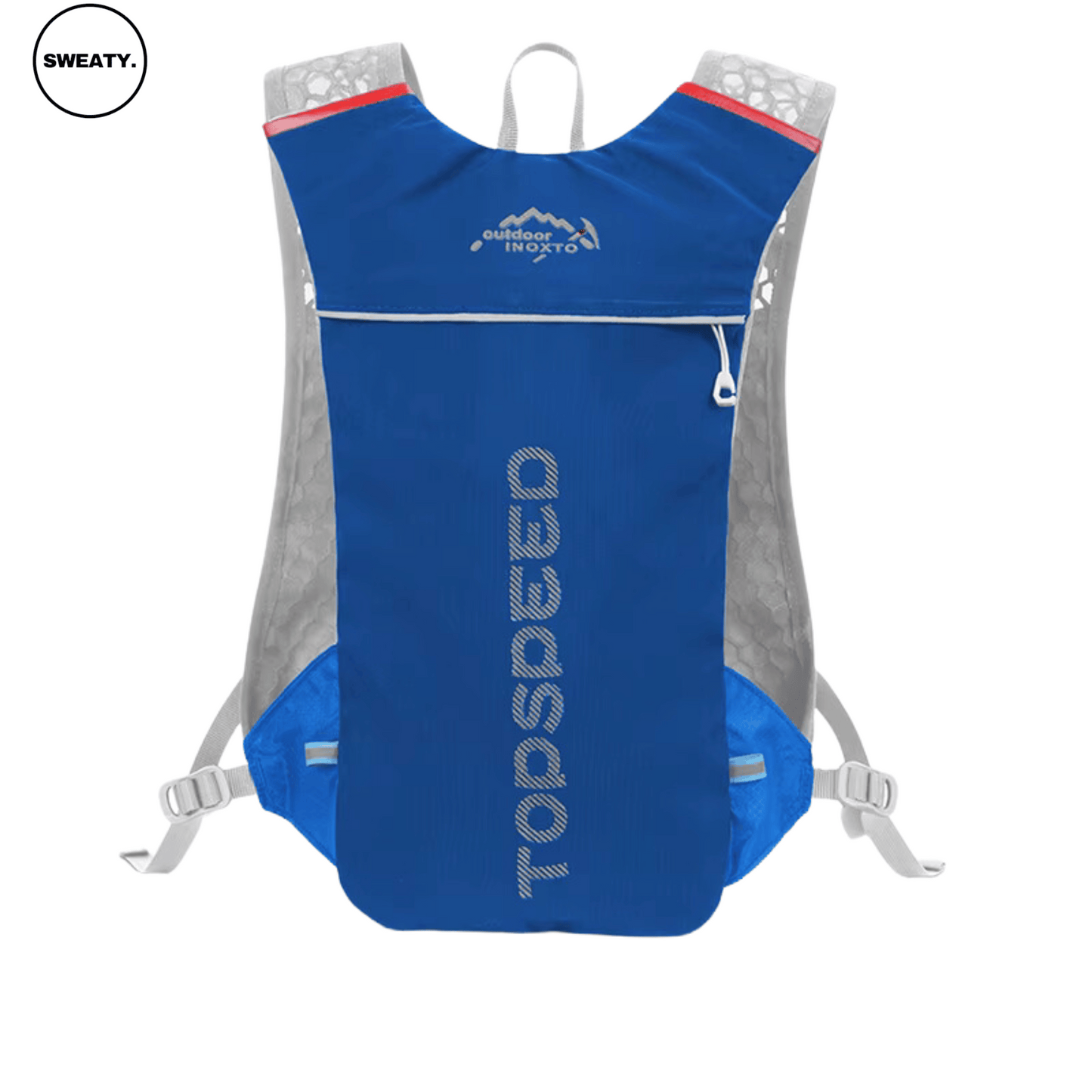 Blue ultra-lightweight hydration vest by SWEATY shown from the front angle. Features breathable mesh, adjustable straps, and a sleek design, ideal for carrying hydration packs during running, hiking, and endurance sports.