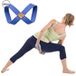 Woman using blue yoga resistance band by SWEATY during a stretching workout. Versatile and durable band for yoga and flexibility exercises, ideal for enhancing muscle strength.