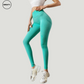 Side profile of Bright Green seamless high-waist leggings by SWEATY, offering a sleek, figure-enhancing fit perfect for workouts or casual wear.