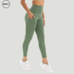 Bronze Green Tummy Control Yoga Pants by SWEATY - Side view highlighting the convenient side pocket, high-waisted design, and flattering fit. Ideal for yoga, gym, and everyday wear with breathable and moisture-wicking fabric for ultimate performance and comfort.