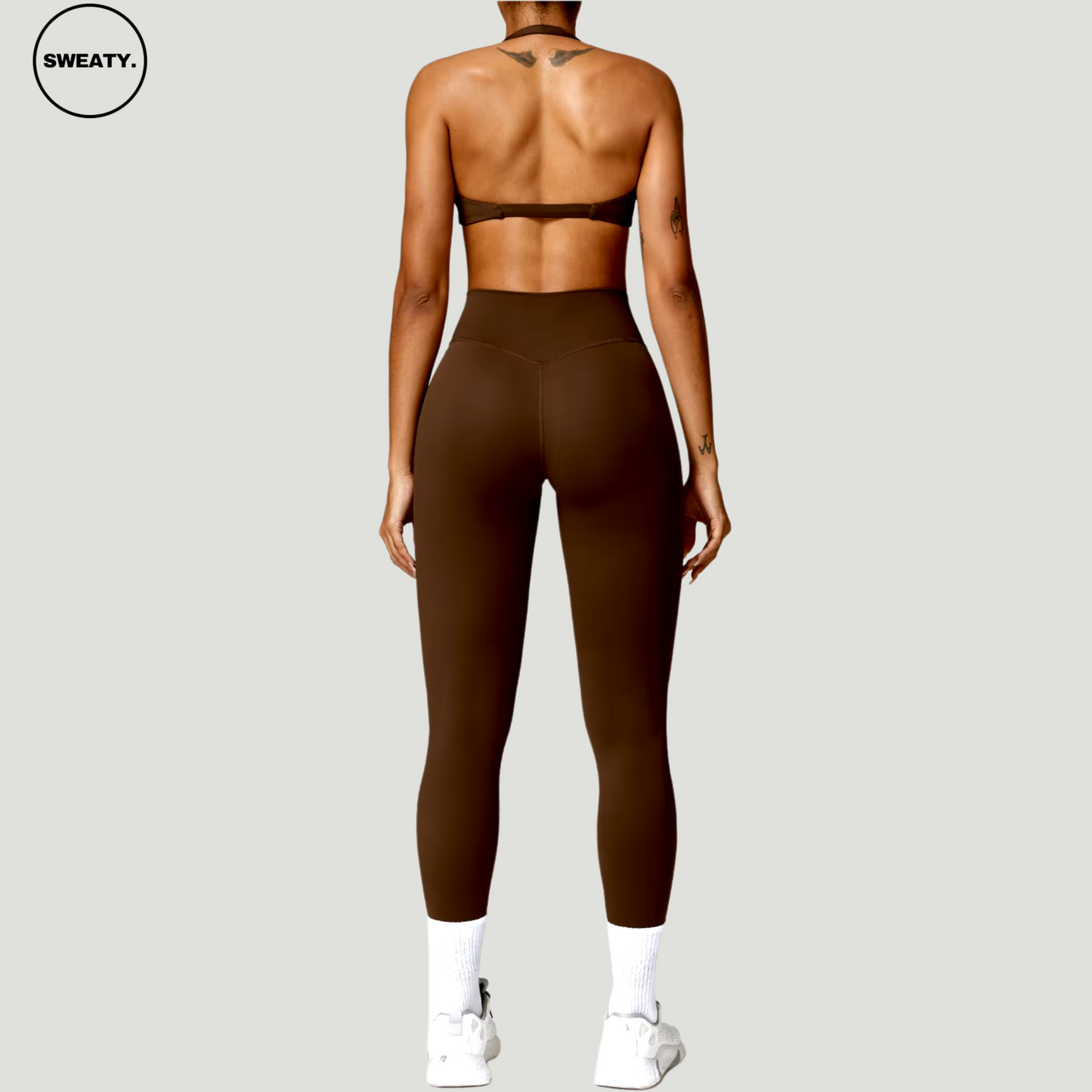 Back view of the Brown Nude Feeling Yoga Set by SWEATY - Women's seamless sports bra and high-waisted leggings for yoga and fitness. Moisture-wicking, breathable fabric for enhanced comfort and flexibility.