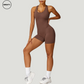 Brown seamless gym shortie jumpsuit by SWEATY - Women's side view highlighting the seamless construction and athletic fit. Designed for high-performance workouts, this jumpsuit provides flexibility and comfort for a range of fitness activities.