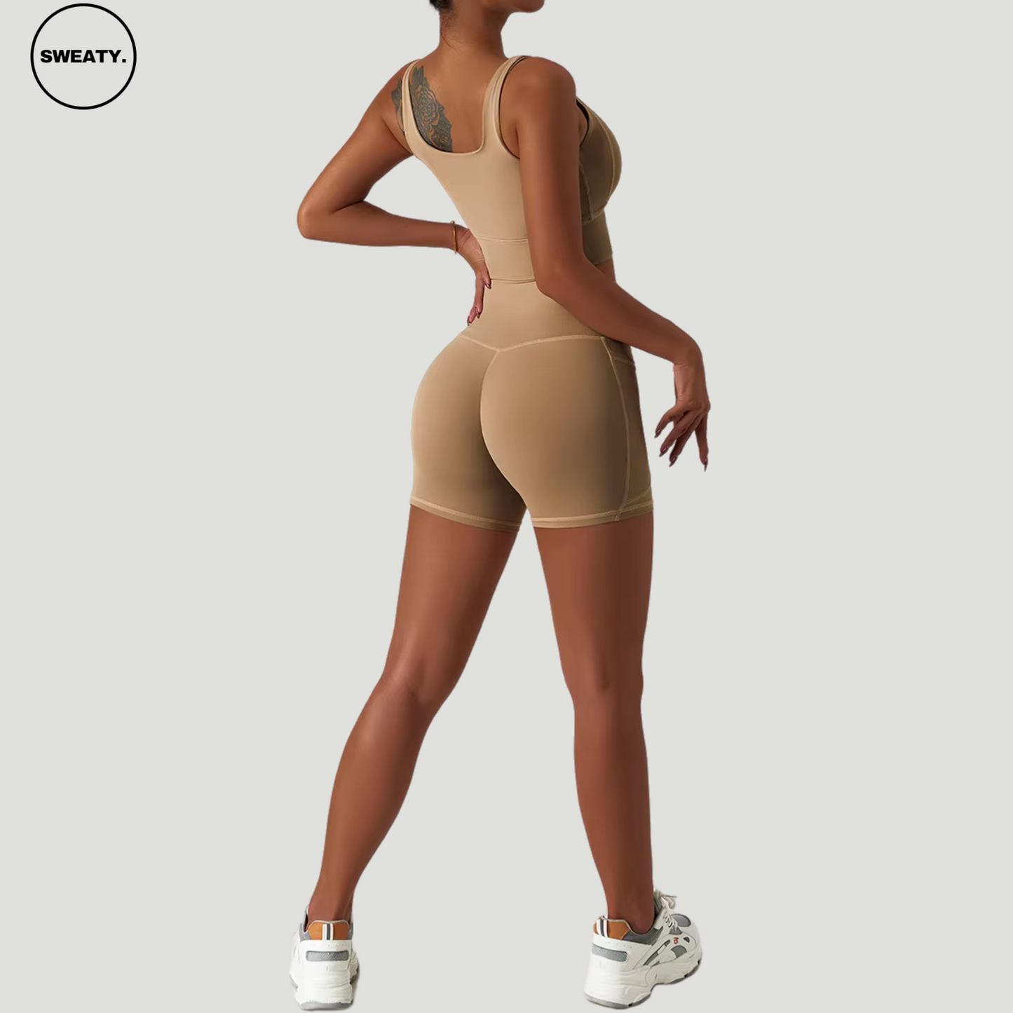 Brown seamless shorts set by SWEATY, featuring a back view of a comfortable and breathable workout set, designed with moisture-wicking fabric for yoga, running, and fitness activities.