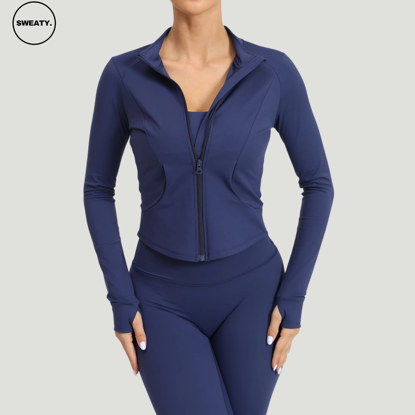 Dark Blue Three Piece Workout Set by SWEATY - Front view with open jacket, showing the versatility of the set, ideal for layering and keeping you comfortable during fitness activities.