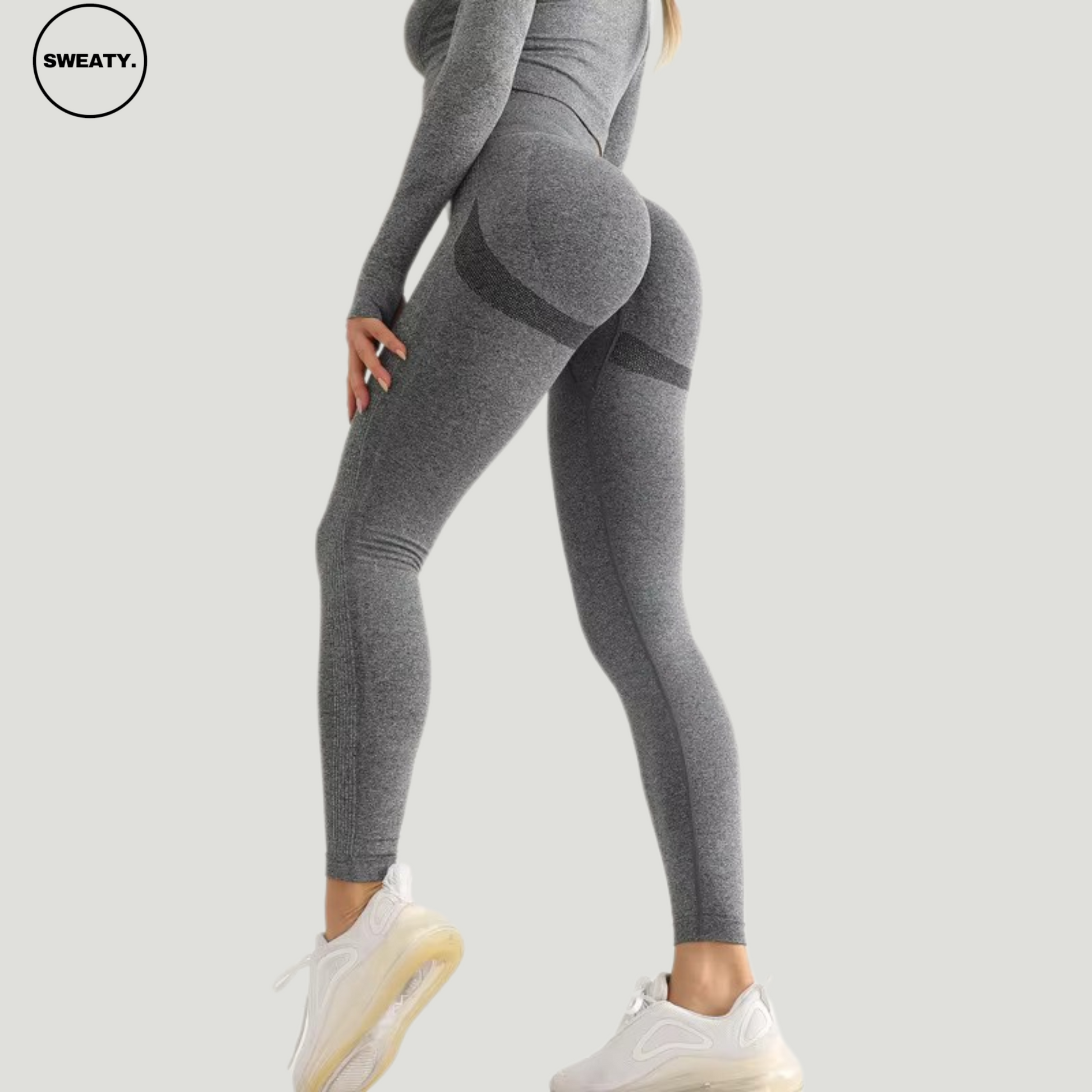 Back angle view of Dark Gray seamless high-waist leggings by SWEATY, highlighting the body-sculpting fit and supportive waistband.