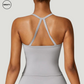 Back view of Frost Grey Push-Up Gym Bra Top by SWEATY featuring a sleek strappy design. Breathable, moisture-wicking fabric ensures comfort and support, perfect for high-intensity workouts like gym sessions, running, and yoga.