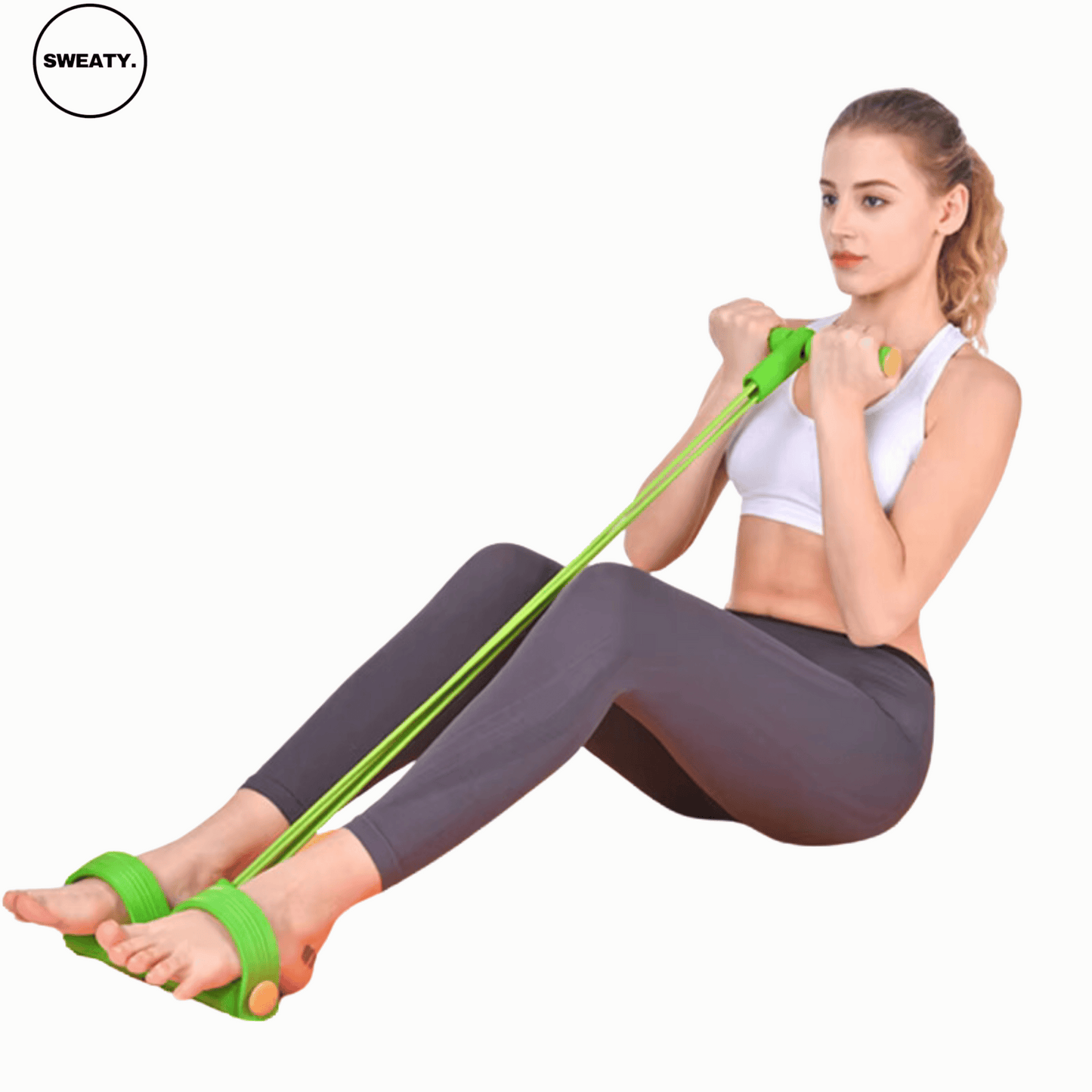 Green fitness resistance band sit-up pull trainer shown from the side angle. Durable and lightweight design with foam handles, ideal for strength, toning, and core exercises. SWEATY workout equipment for home or gym use.