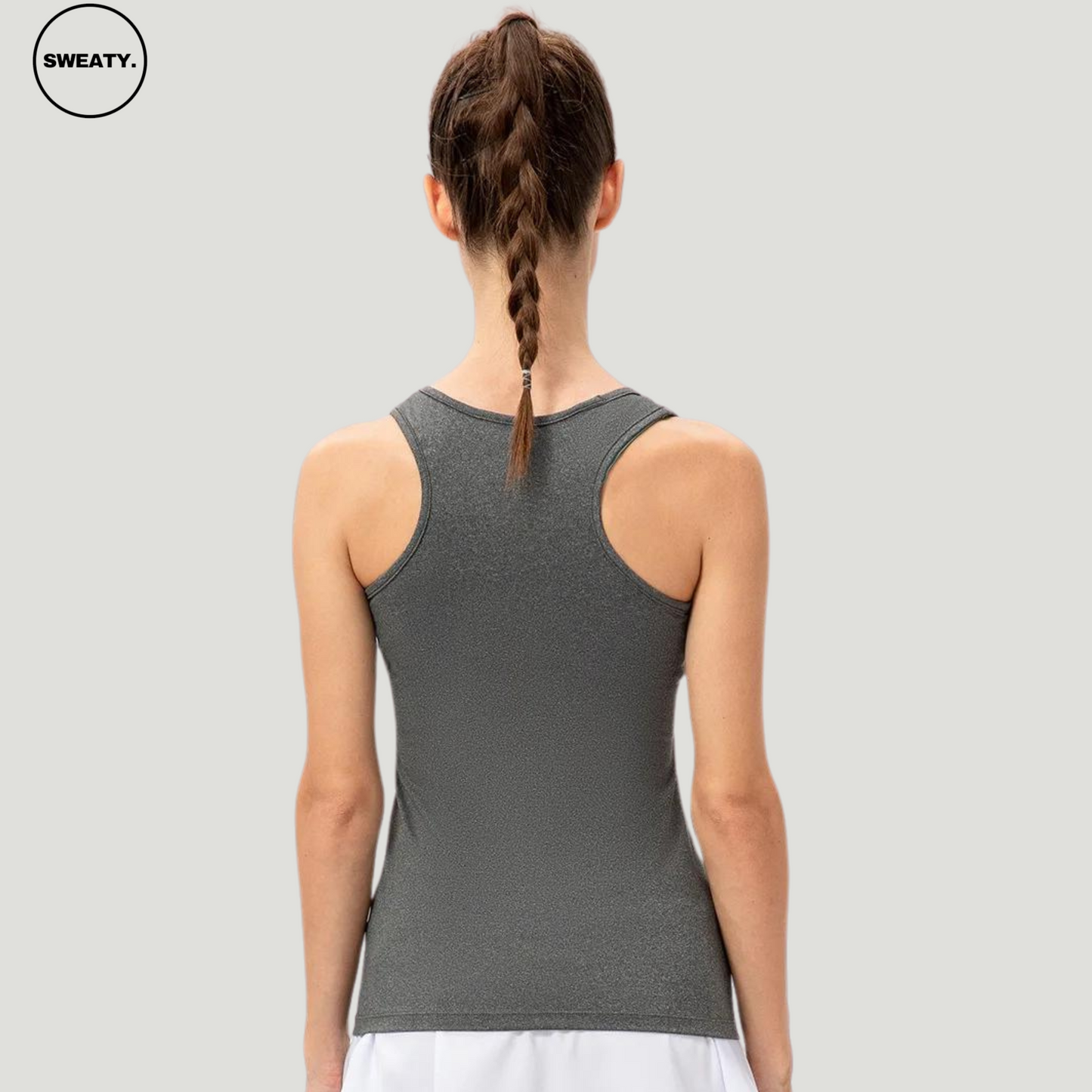 Back view of Grey Candy Colour Quick Dry Vest by SWEATY - Women's lightweight, breathable, and moisture-wicking tank top designed for yoga, running, and fitness activities. Comfortable SWEATY activewear for enhanced performance.