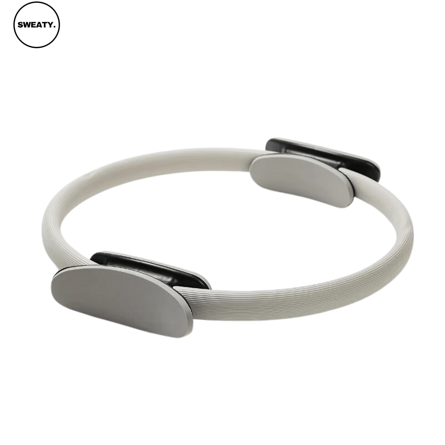 Grey exercise ring by SWEATY - lightweight and durable fitness accessory designed for Pilates, resistance training, and core strengthening. Features soft foam handles for enhanced comfort.