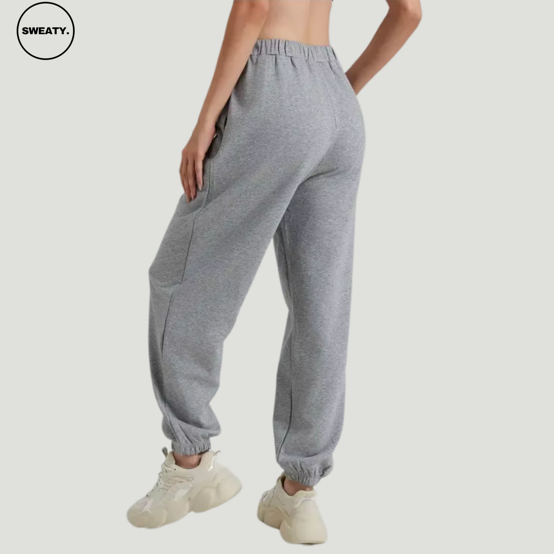 SWEATY Grey Wide Leg Fleece Lined Sweatpants, back view featuring a relaxed fit with elastic cuffs and waistband, designed for ultimate comfort and style.