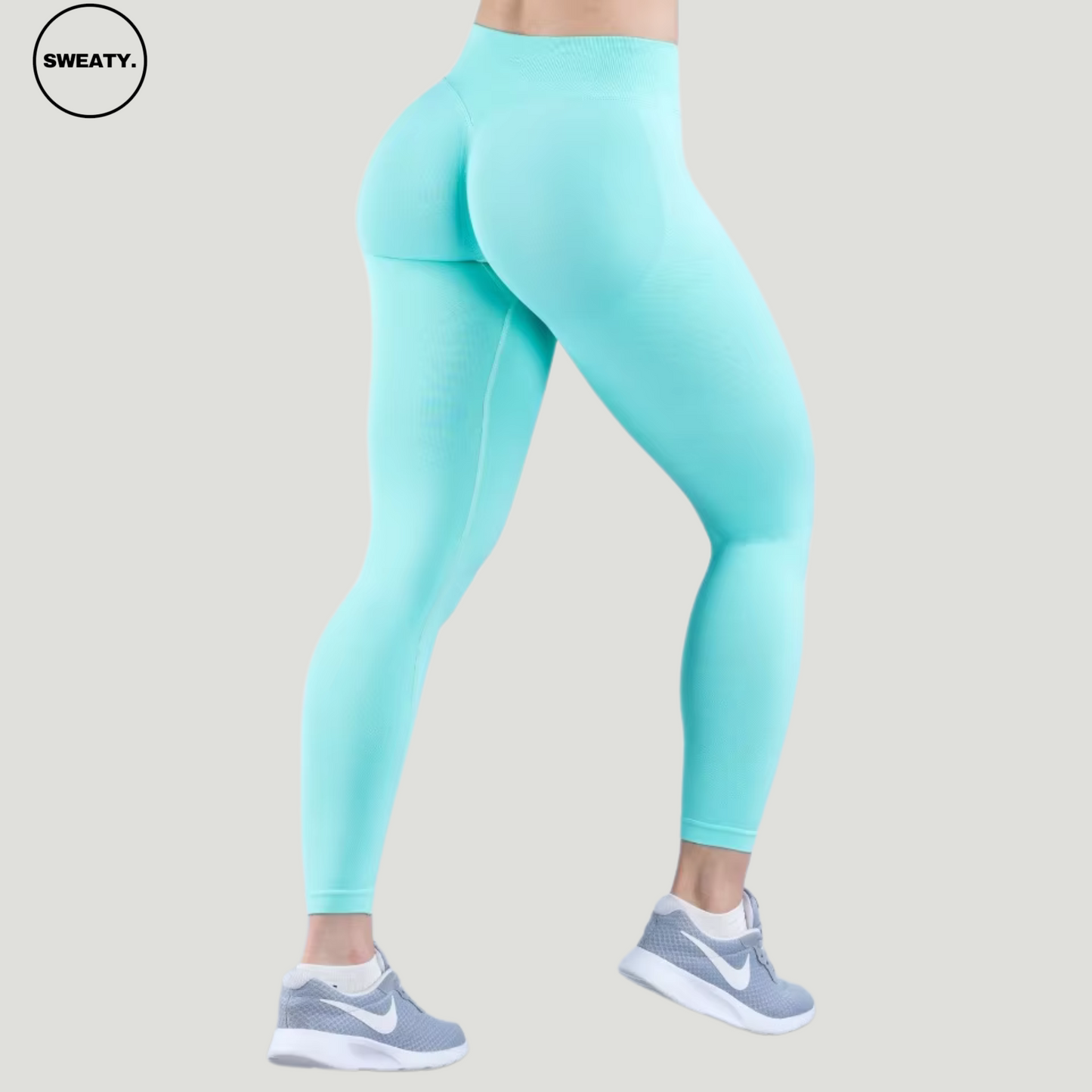 SWEATY Ice Mint High Waist Scrunch Butt Yoga Leggings, back angle view highlighting the scrunch design and seamless fit.