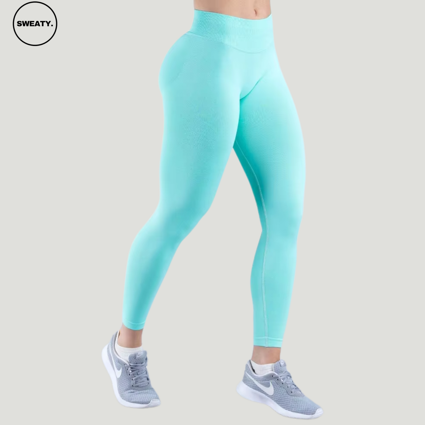 SWEATY Ice Mint High Waist Scrunch Butt Yoga Leggings, front angle view showcasing the form-fitting design and vibrant ice mint color.