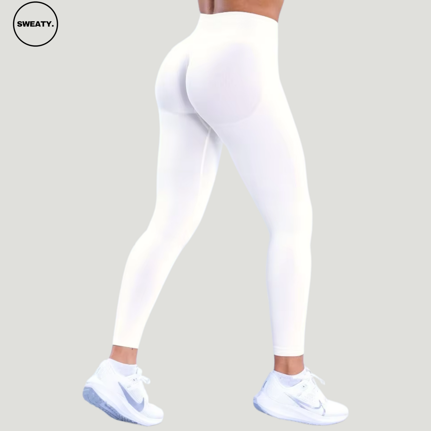 SWEATY Ivory High Waist Scrunch Butt Yoga Leggings, back angle view showcasing the flattering scrunch detailing and sleek fit.