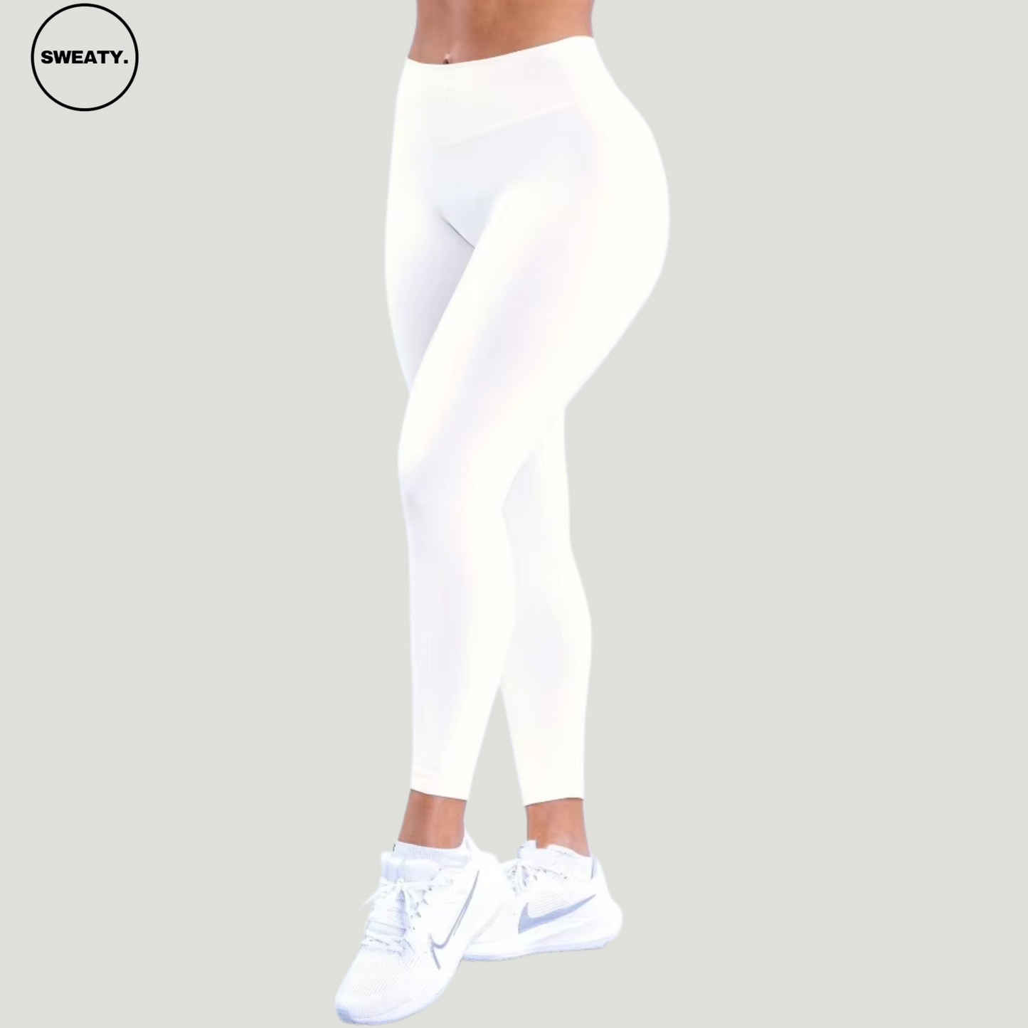 SWEATY Ivory High Waist Scrunch Butt Yoga Leggings, front angle view showcasing the sleek and sculpting fit for a flattering silhouette.