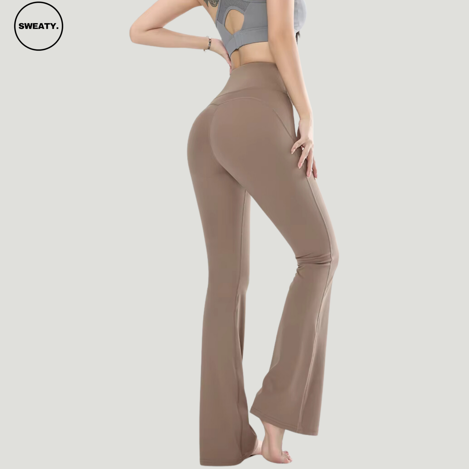 Khaki High Waist Slim Yoga Pants by SWEATY - Back view showing the flattering high-rise waistband and flared leg cut. Designed with soft, stretchy fabric for a smooth fit and freedom of movement, ideal for yoga, gym workouts, or everyday wear.