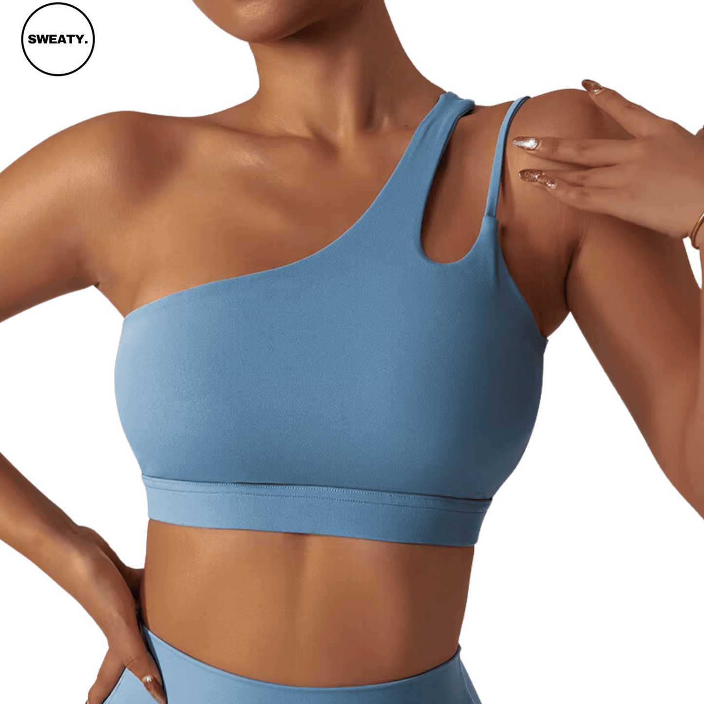 Front view of a light blue Asymmetrical Double Strap Sports Bra by SWEATY, featuring a modern one-shoulder design with a cut-out detail for a trendy and supportive activewear look.