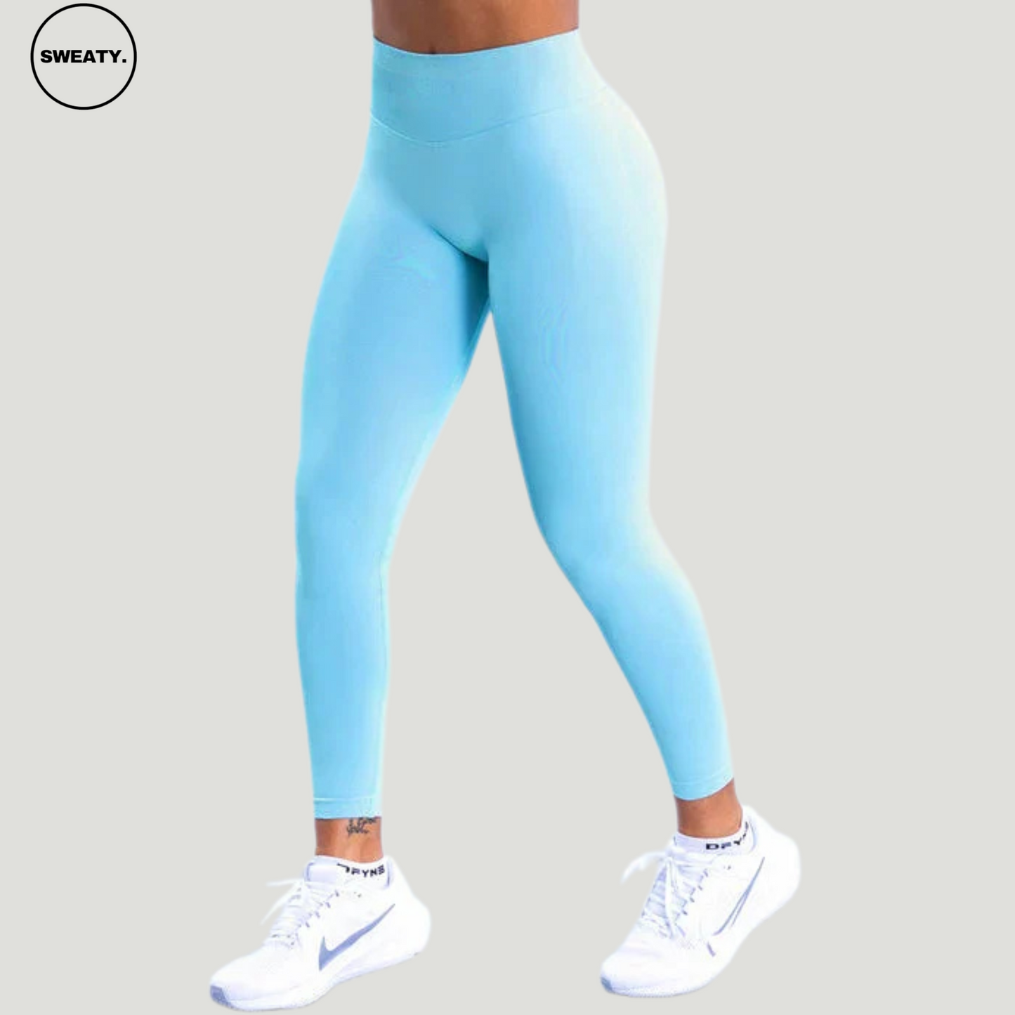 SWEATY Light Blue High Waist Scrunch Butt Yoga Leggings, front angle view highlighting the smooth high-rise waistband and sleek fit.