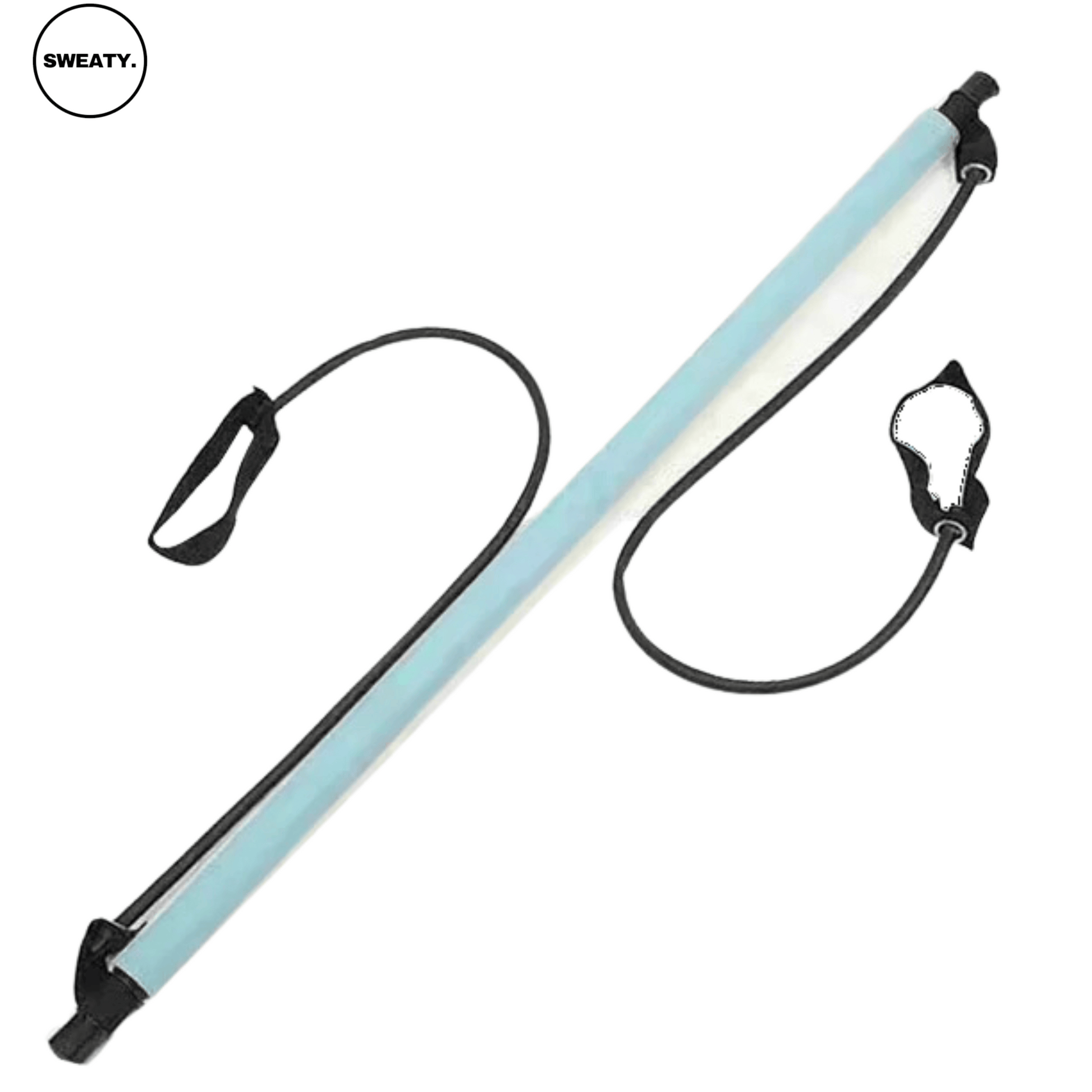 Front view of light blue workout bar by SWEATY - versatile fitness tool with resistance bands for full-body strength and flexibility training.