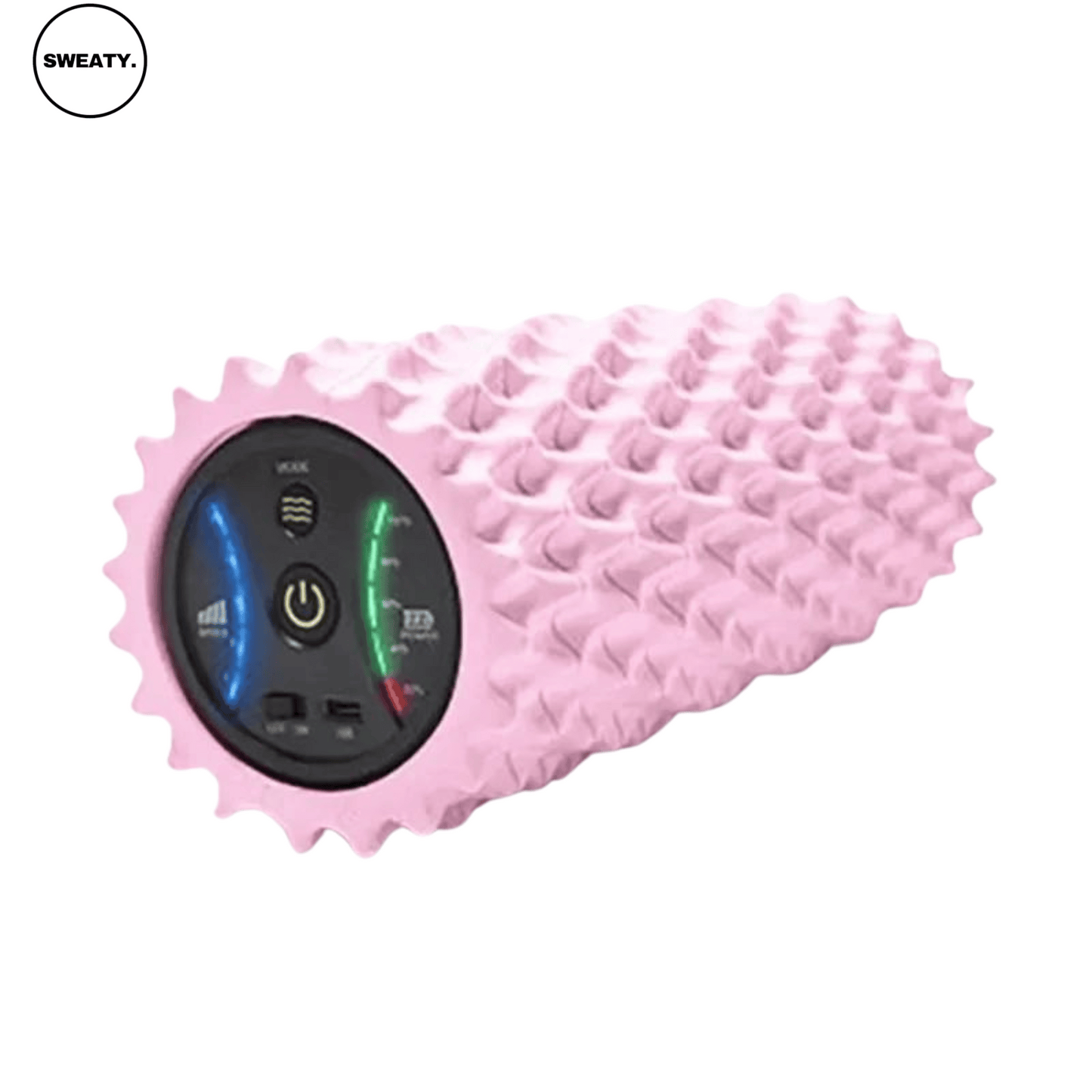 Close-up of a light pink vibrating foam roller by SWEATY. Features a textured surface with adjustable speed and intensity controls, designed for muscle recovery, deep tissue massage, and post-workout relaxation. SWEATY fitness equipment for reducing muscle soreness and enhancing flexibility.