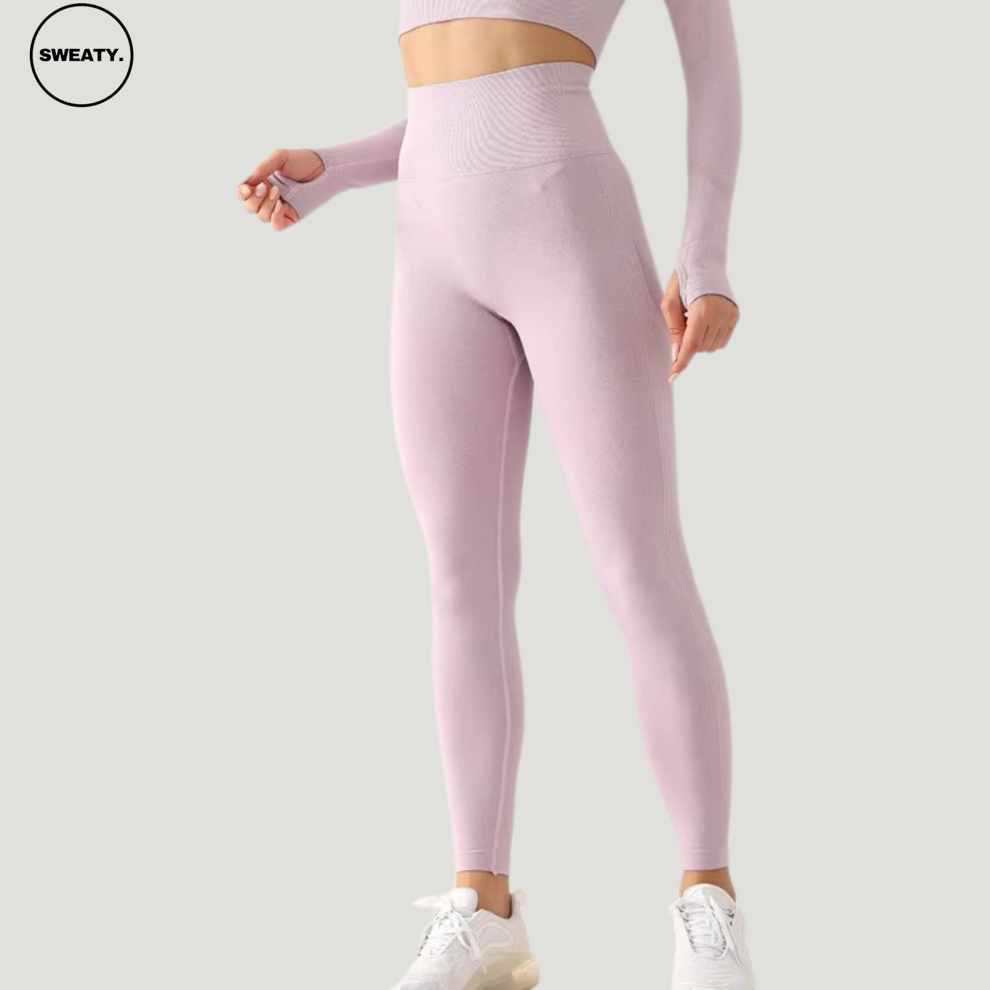 Front view of light purple seamless high-waist leggings by SWEATY, showcasing the sleek and flattering design, perfect for active and athleisure wear.