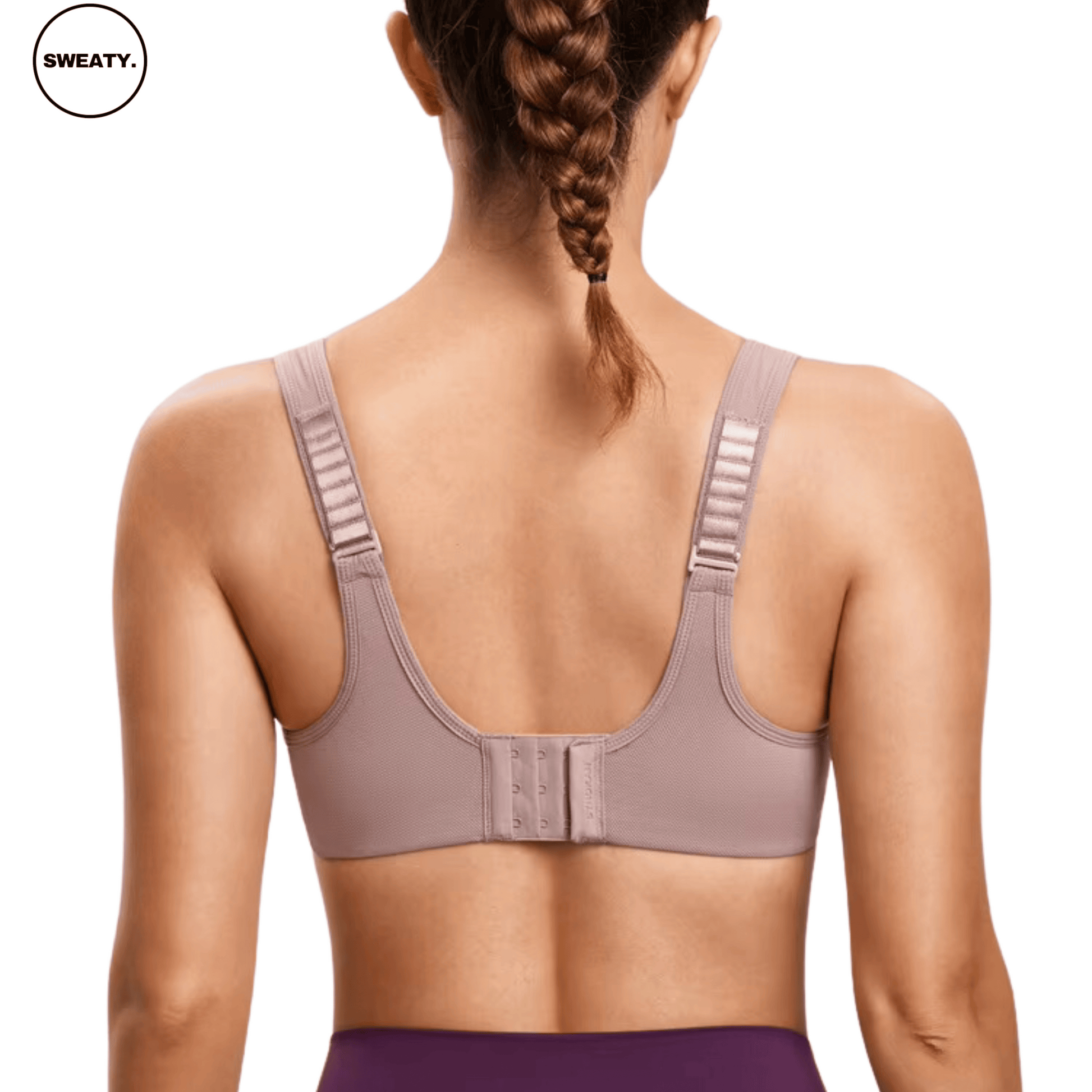 Back view of Mauve Supportive Sports Bra by SWEATY, showcasing adjustable straps and hook-and-eye closure for a custom fit, perfect for high-impact workouts.